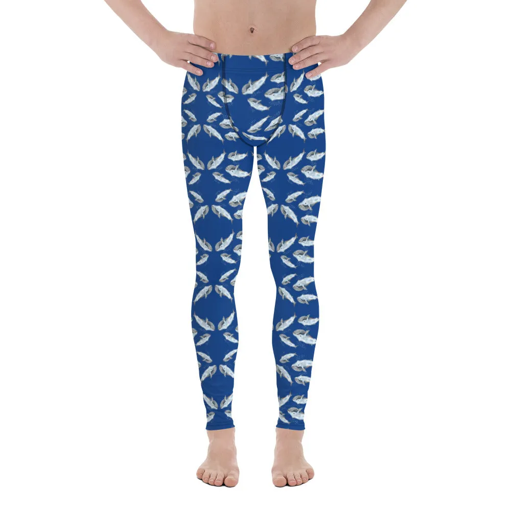 Blue Whale Men's Leggings, Cute Marine Fish Print Meggings Run Tights-Made in USA/EU/MX