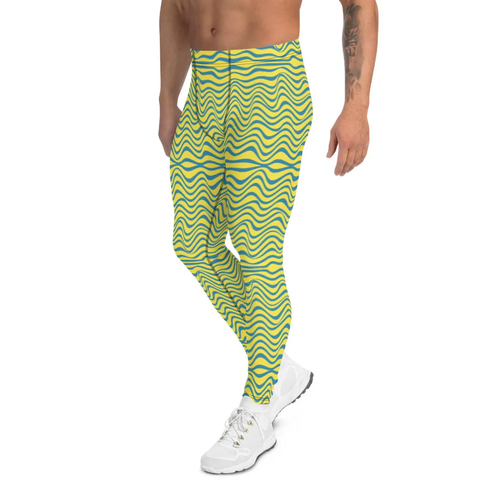 Blue Yellow Curvy Men's Leggings, Great Wave Pattern Yoga Leggings-Made In USA/EU/MX