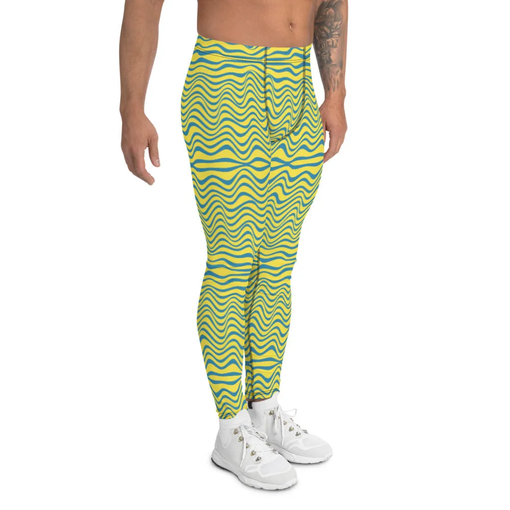 Blue Yellow Curvy Men's Leggings, Great Wave Pattern Yoga Leggings-Made In USA/EU/MX