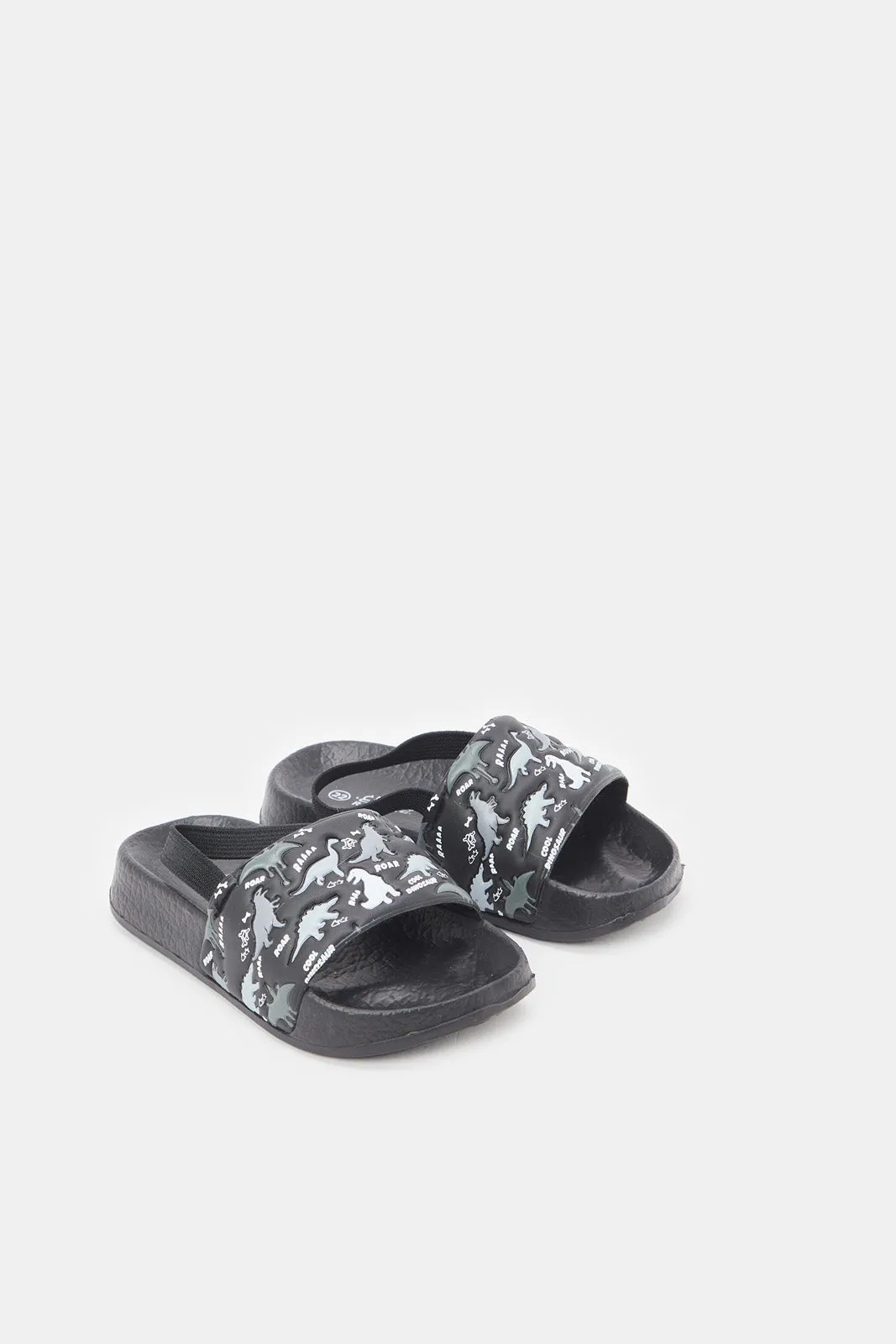 Boys Grey Dinosaur Print Slide With Backstrap