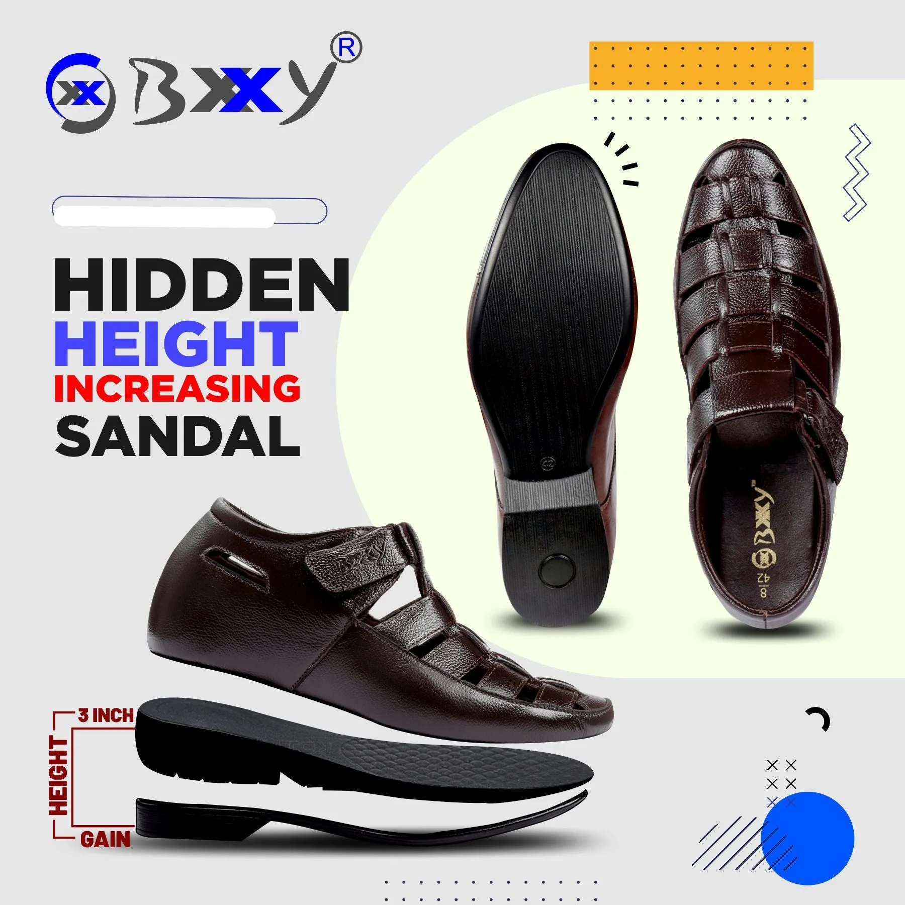 BXXY 3 Inch Hidden Height Increasing Casual Roman Sandals For Men