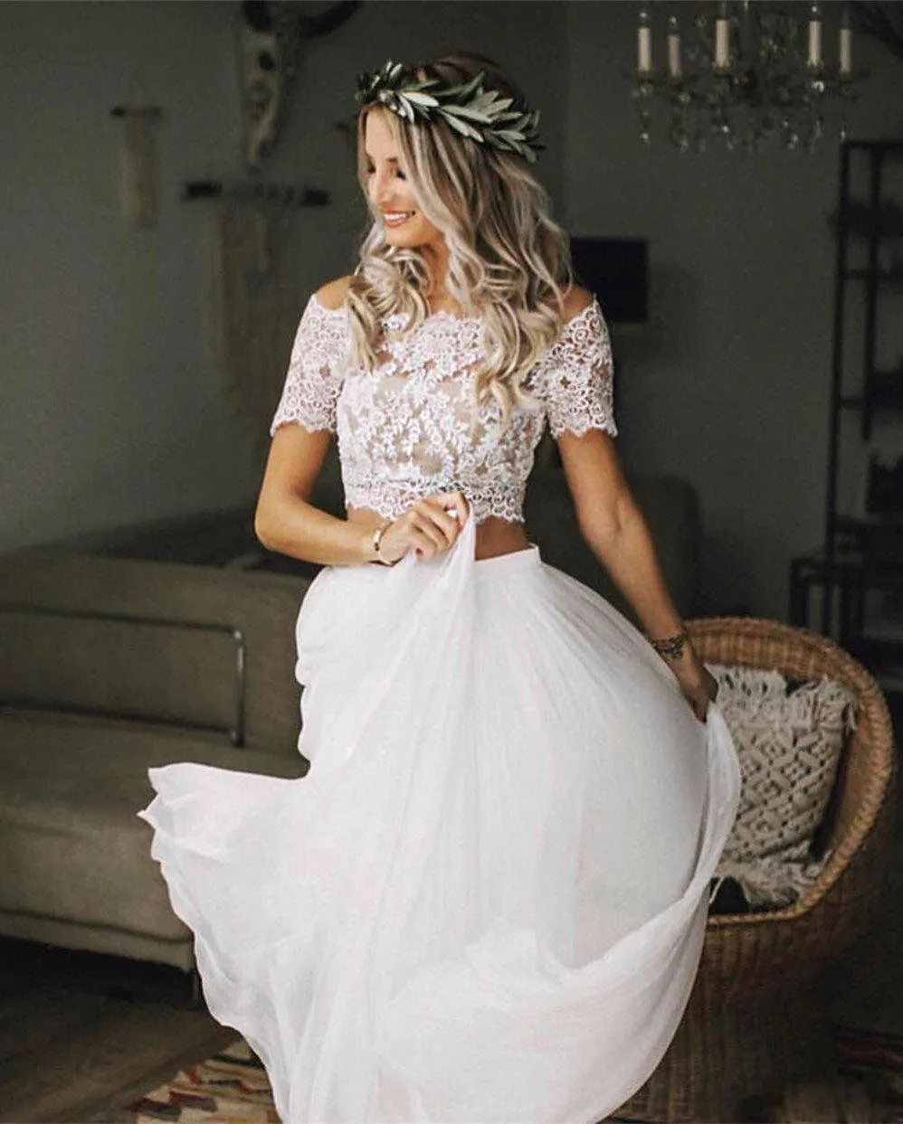 Casual Flowy Short Sleeve Lace Crop Top Two Piece Wedding Dress Bridal Gowns