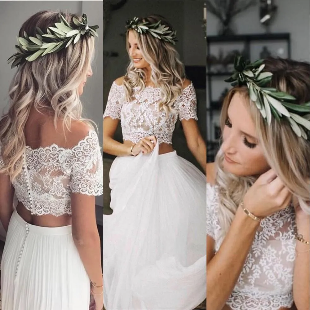 Casual Flowy Short Sleeve Lace Crop Top Two Piece Wedding Dress Bridal Gowns