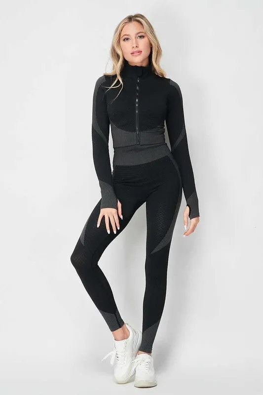 Charcoal Honey Comb Active Cropped Jacket Leggings Set