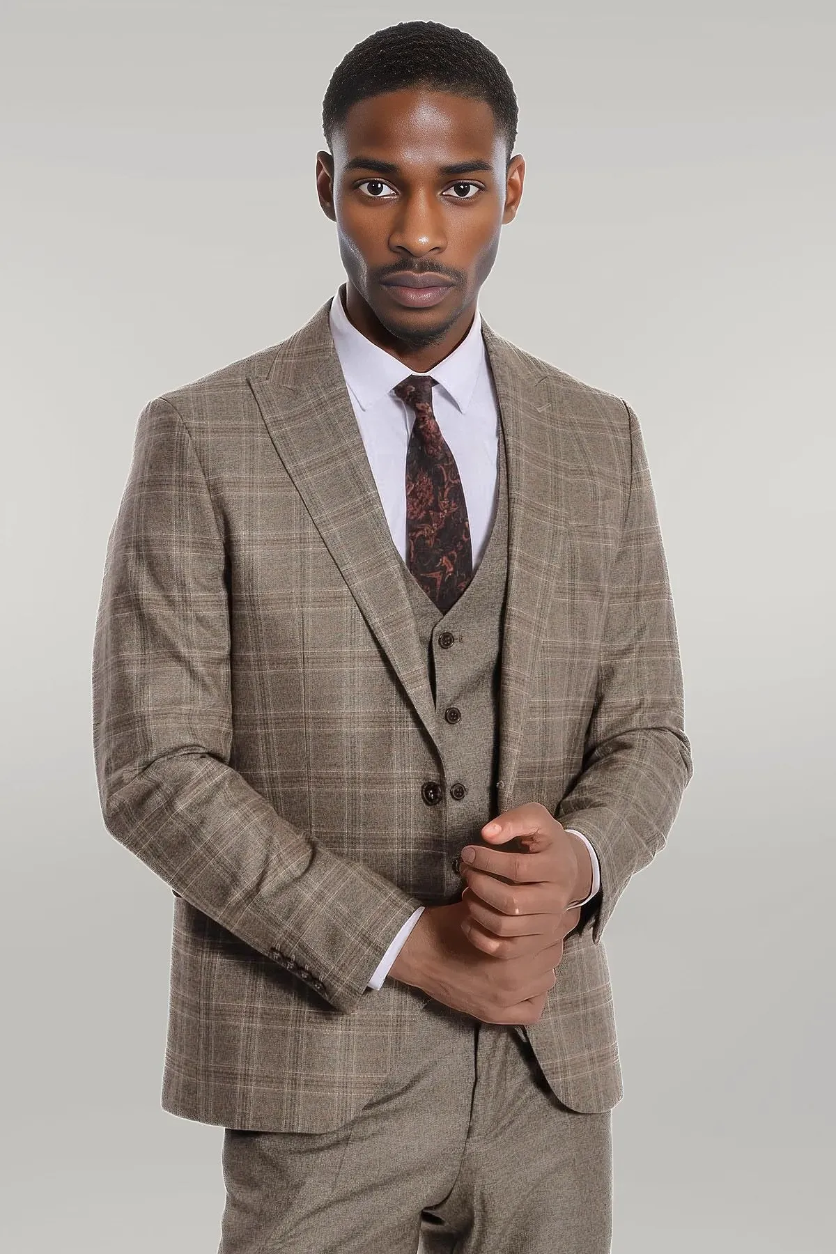 Checked Slim Fit Brown Men Suit - Wessi