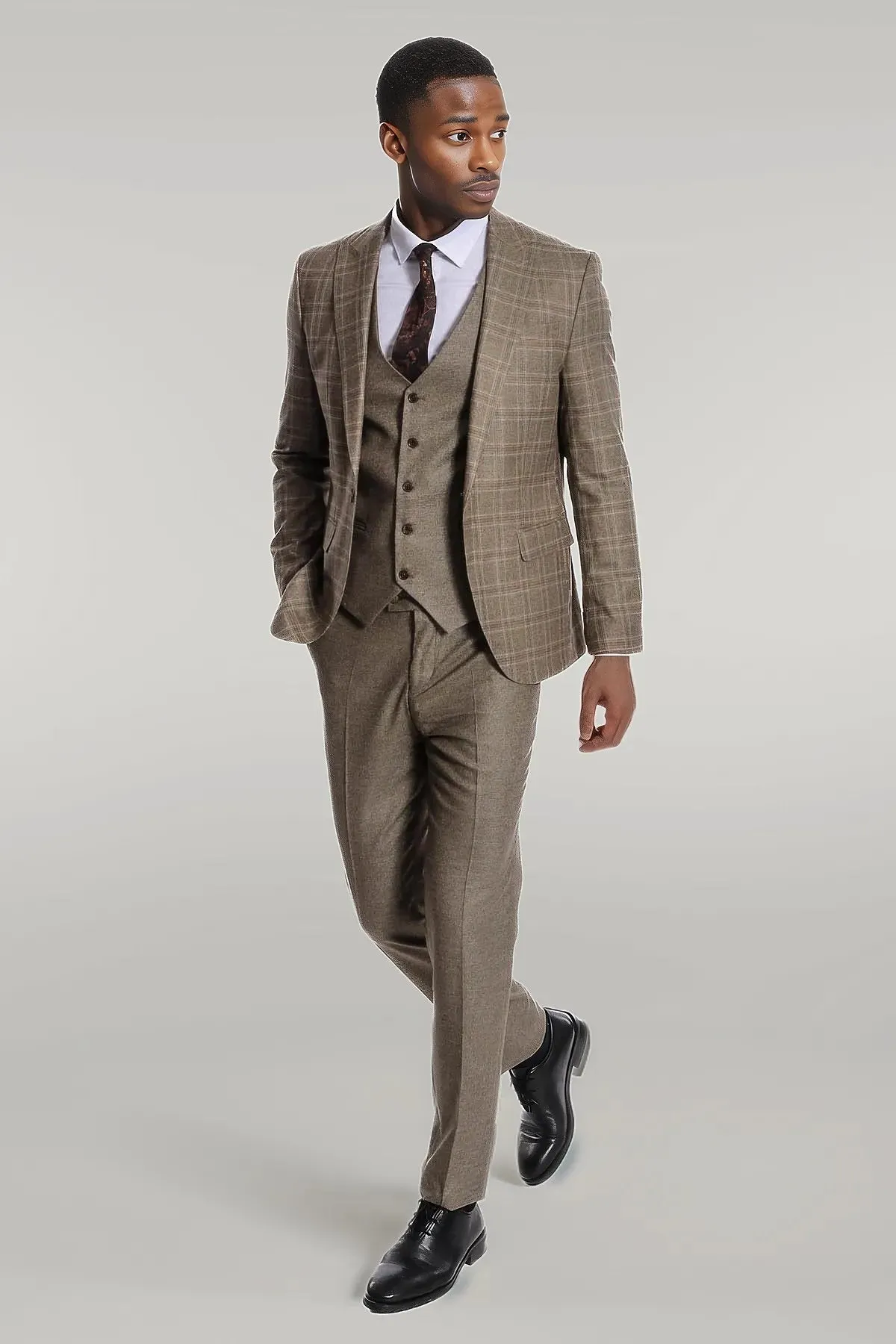 Checked Slim Fit Brown Men Suit - Wessi