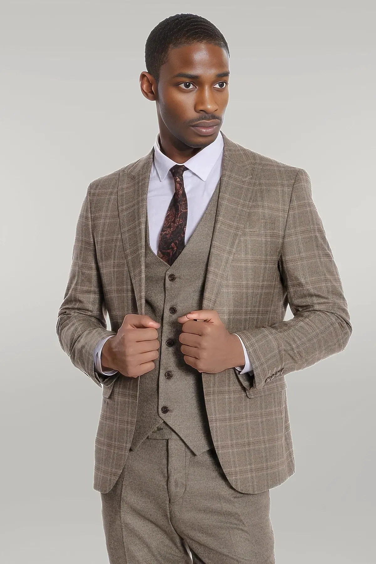 Checked Slim Fit Brown Men Suit - Wessi