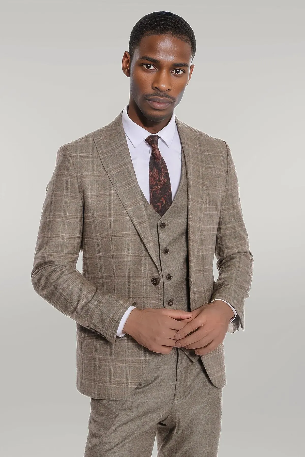 Checked Slim Fit Brown Men Suit - Wessi