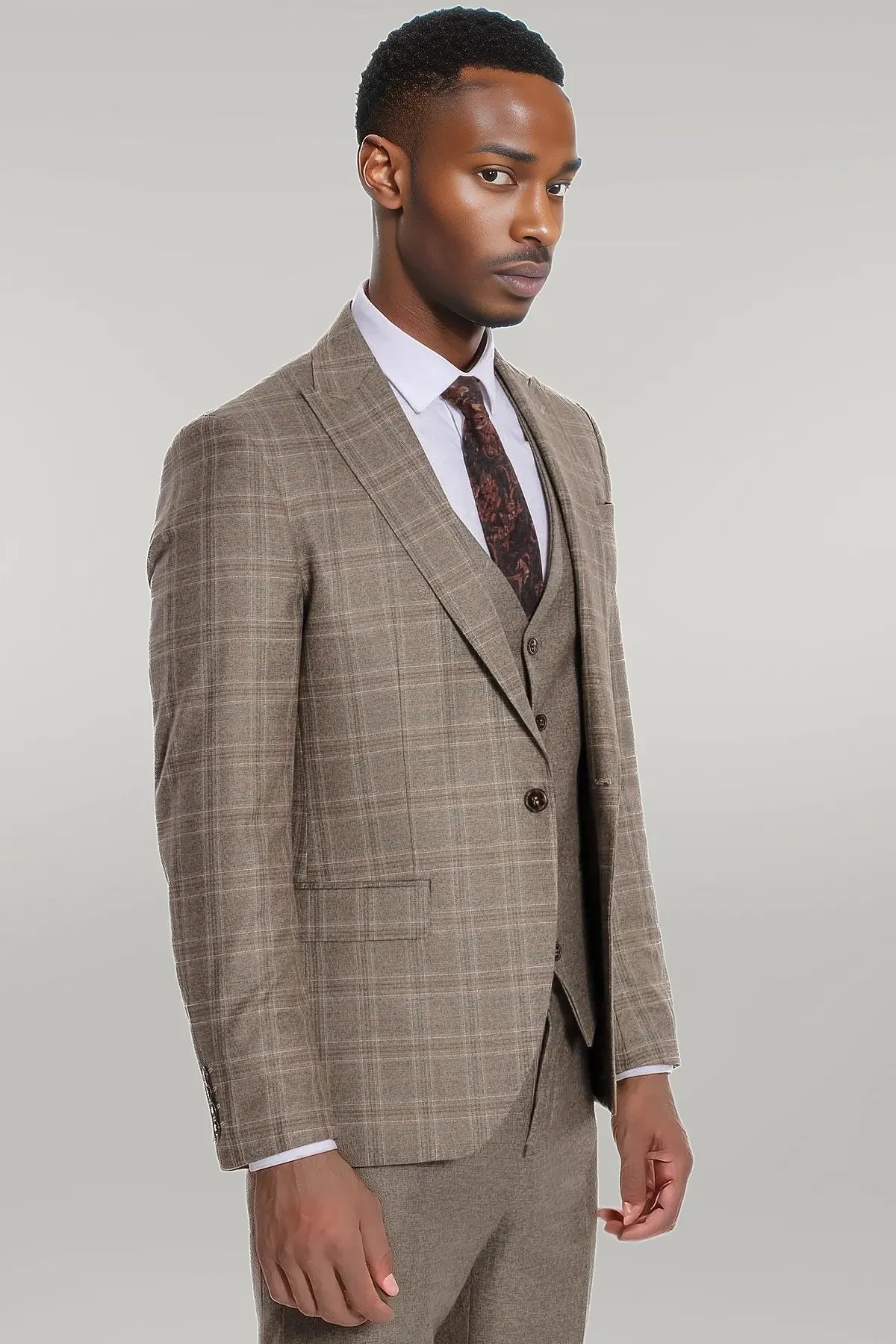 Checked Slim Fit Brown Men Suit - Wessi