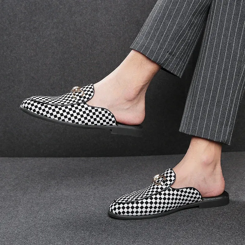 Checkered Pattern Appliques Mules Shoes