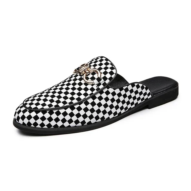 Checkered Pattern Appliques Mules Shoes