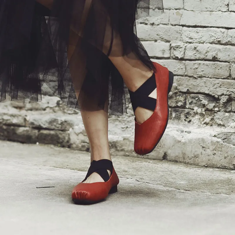 Classic Leather Handmade Cross-Strap Ballet Flats in Red/Black/Apricot Cross laced Design