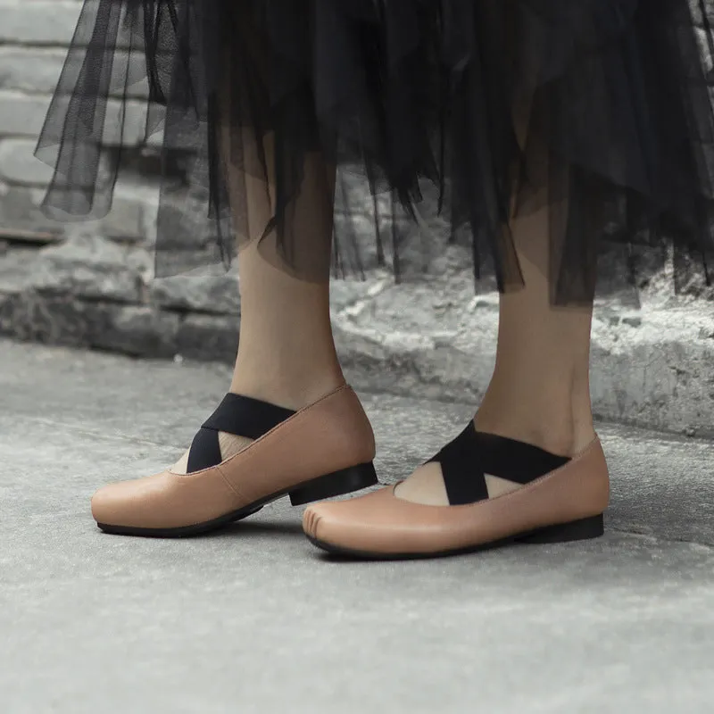 Classic Leather Handmade Cross-Strap Ballet Flats in Red/Black/Apricot Cross laced Design