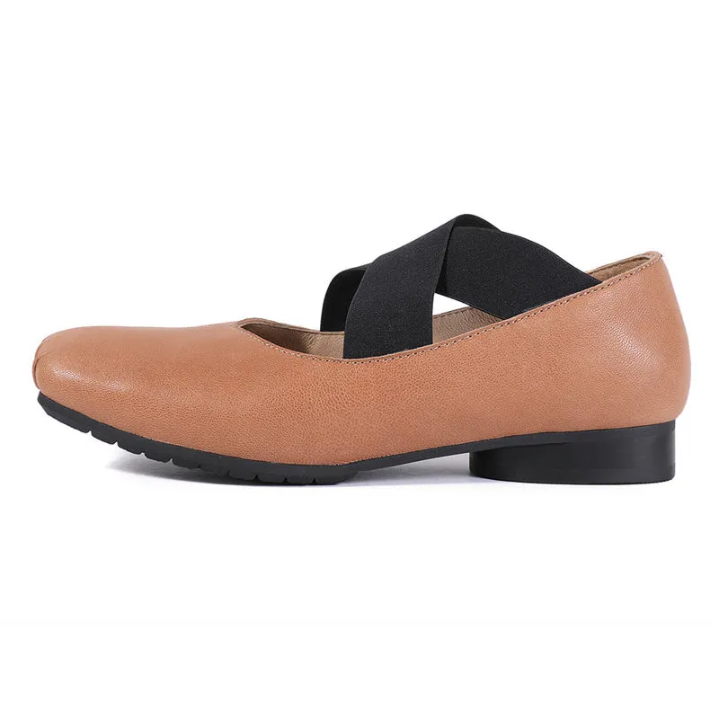 Classic Leather Handmade Cross-Strap Ballet Flats in Red/Black/Apricot Cross laced Design