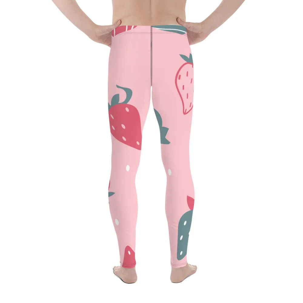 Cute Pink Strawberry Men's Leggings, Pink Abstract Strawberry Print Premium Designer Men's Tight Pants - Made in USA/EU/MX