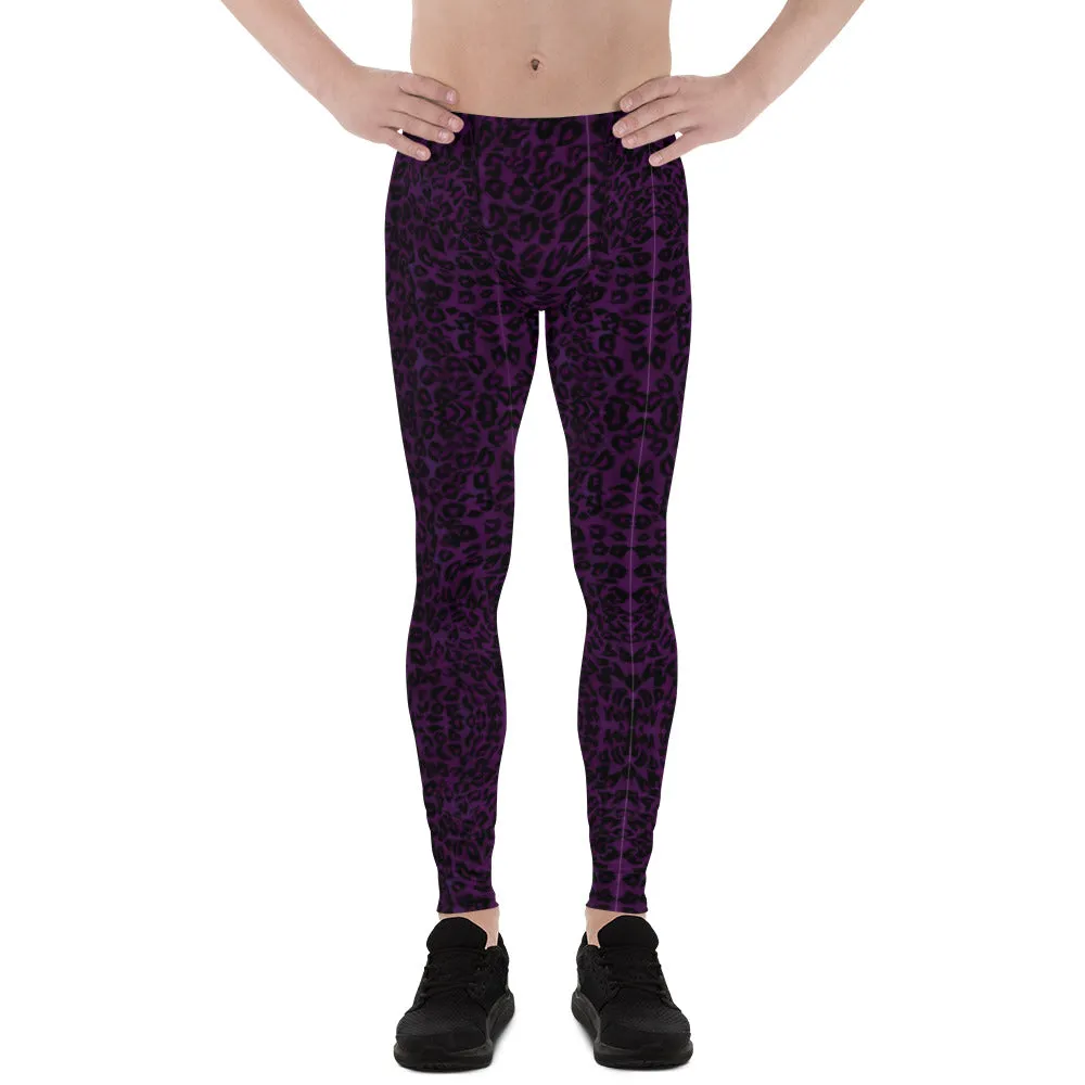 Dark Purple Leopard Men's Leggings, Animal Print Meggings Running Compression Tights