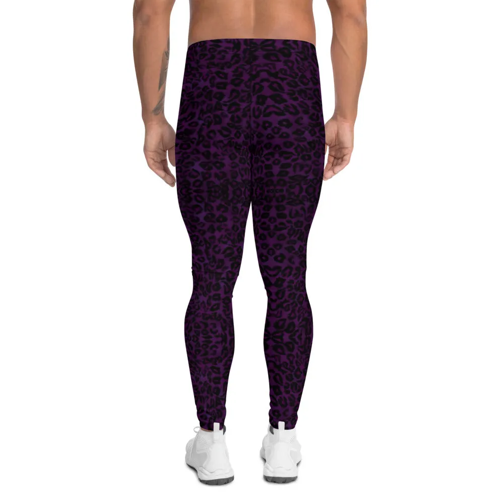 Dark Purple Leopard Men's Leggings, Animal Print Meggings Running Compression Tights