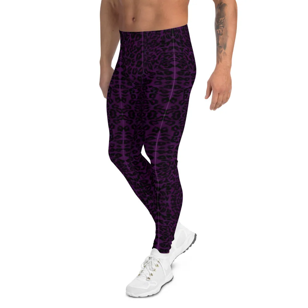 Dark Purple Leopard Men's Leggings, Animal Print Meggings Running Compression Tights