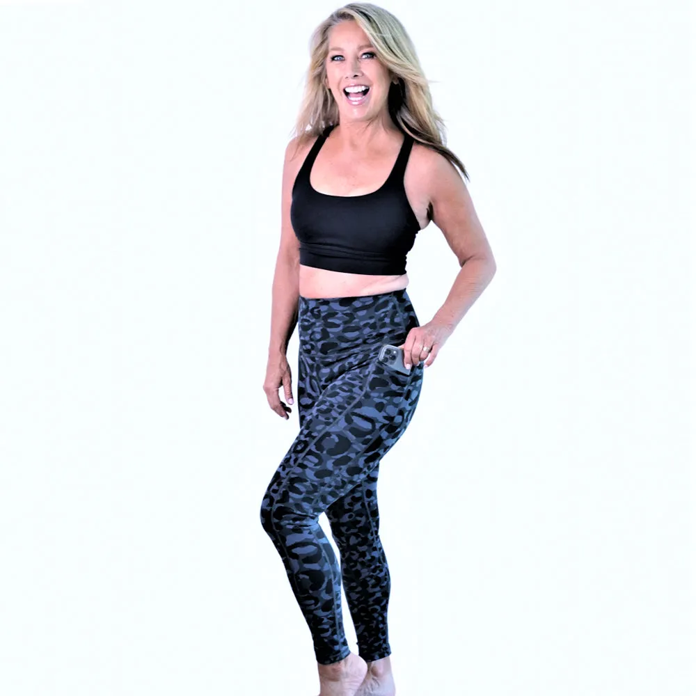 Denise Austin's High Waist Leopard Yoga Leggings with Pockets - Soft Tummy Control Workout Pants