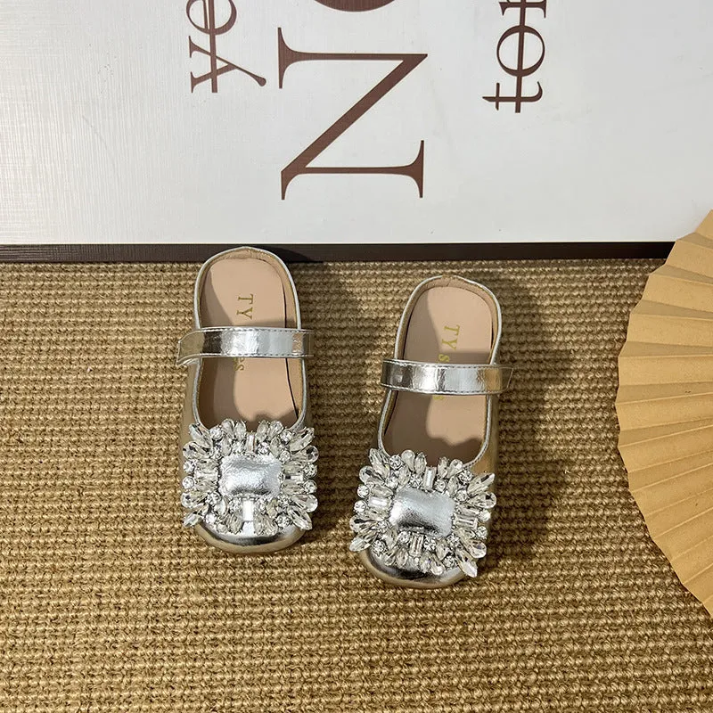 Dunnmall Silver Girls' Closed Toe Half Slippers  Summer Outdoor Wear Silver Rhinestone Slippers Non-Slip Soft Bottom Princess Shoes