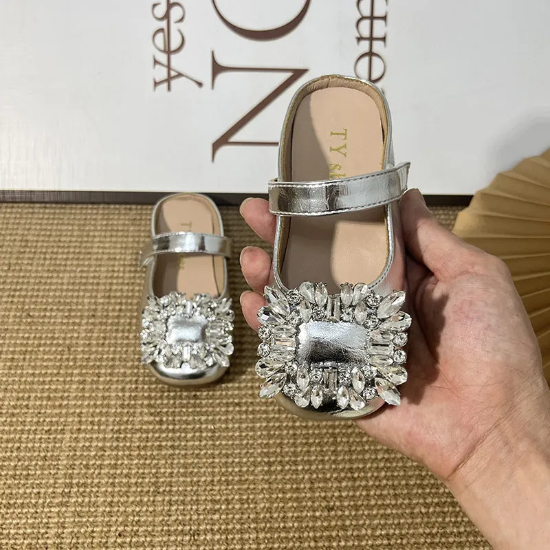 Dunnmall Silver Girls' Closed Toe Half Slippers  Summer Outdoor Wear Silver Rhinestone Slippers Non-Slip Soft Bottom Princess Shoes