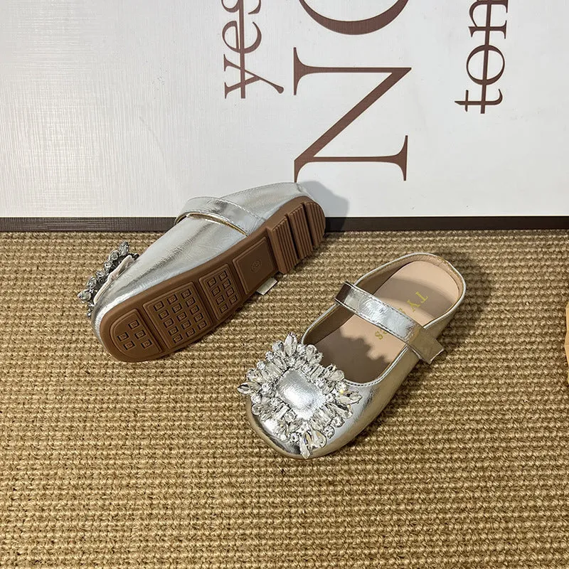 Dunnmall Silver Girls' Closed Toe Half Slippers  Summer Outdoor Wear Silver Rhinestone Slippers Non-Slip Soft Bottom Princess Shoes