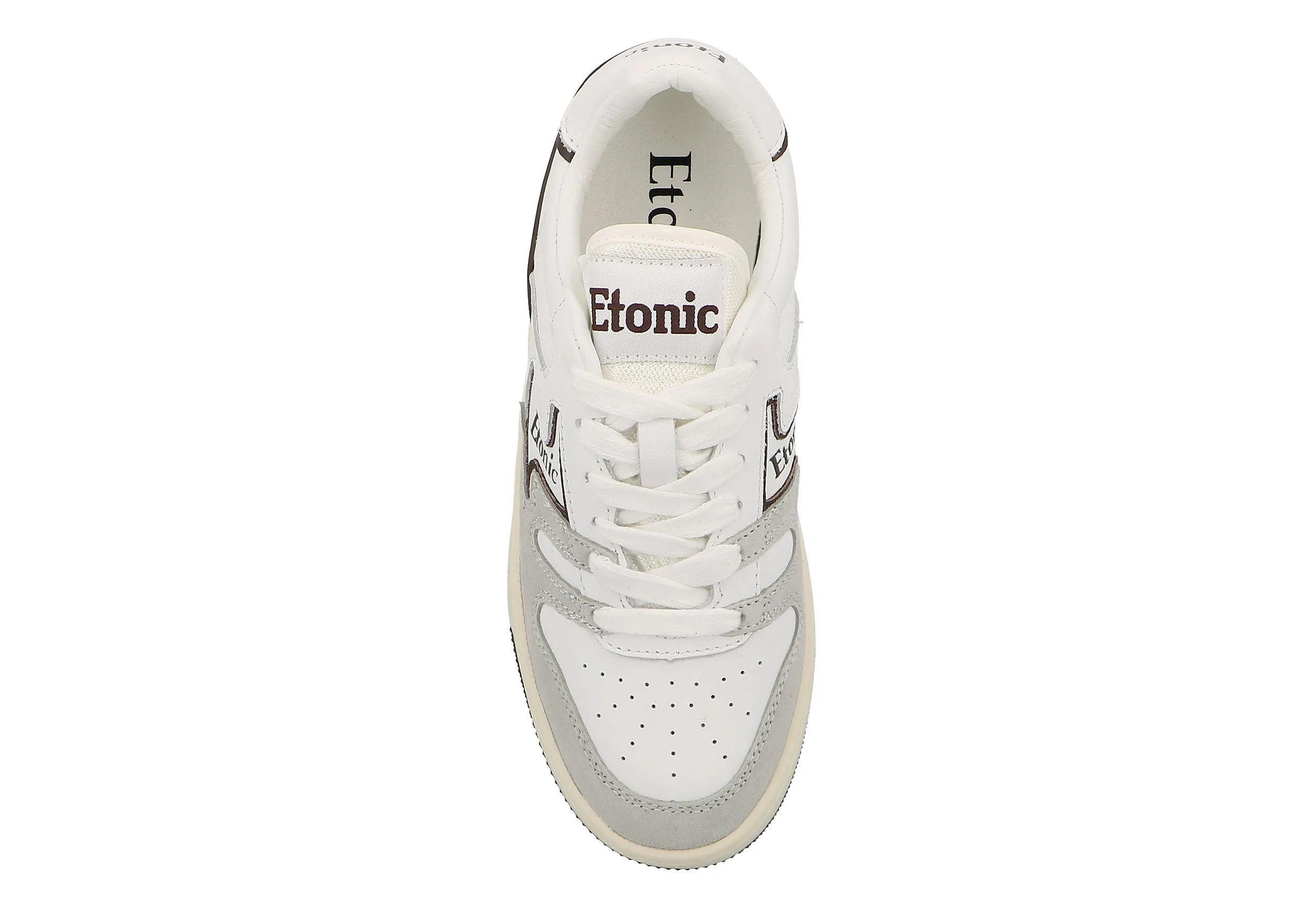 Etonic B481 sneakers in white leather and light grey suede with brown inserts and details.