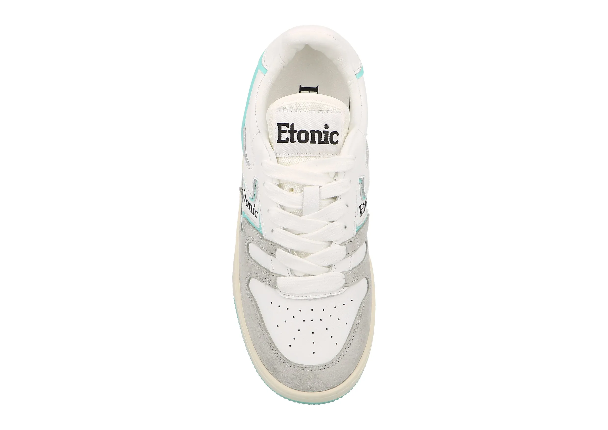 Etonic B481 sneakers in white leather and light grey suede with turquoise blue inserts and details.