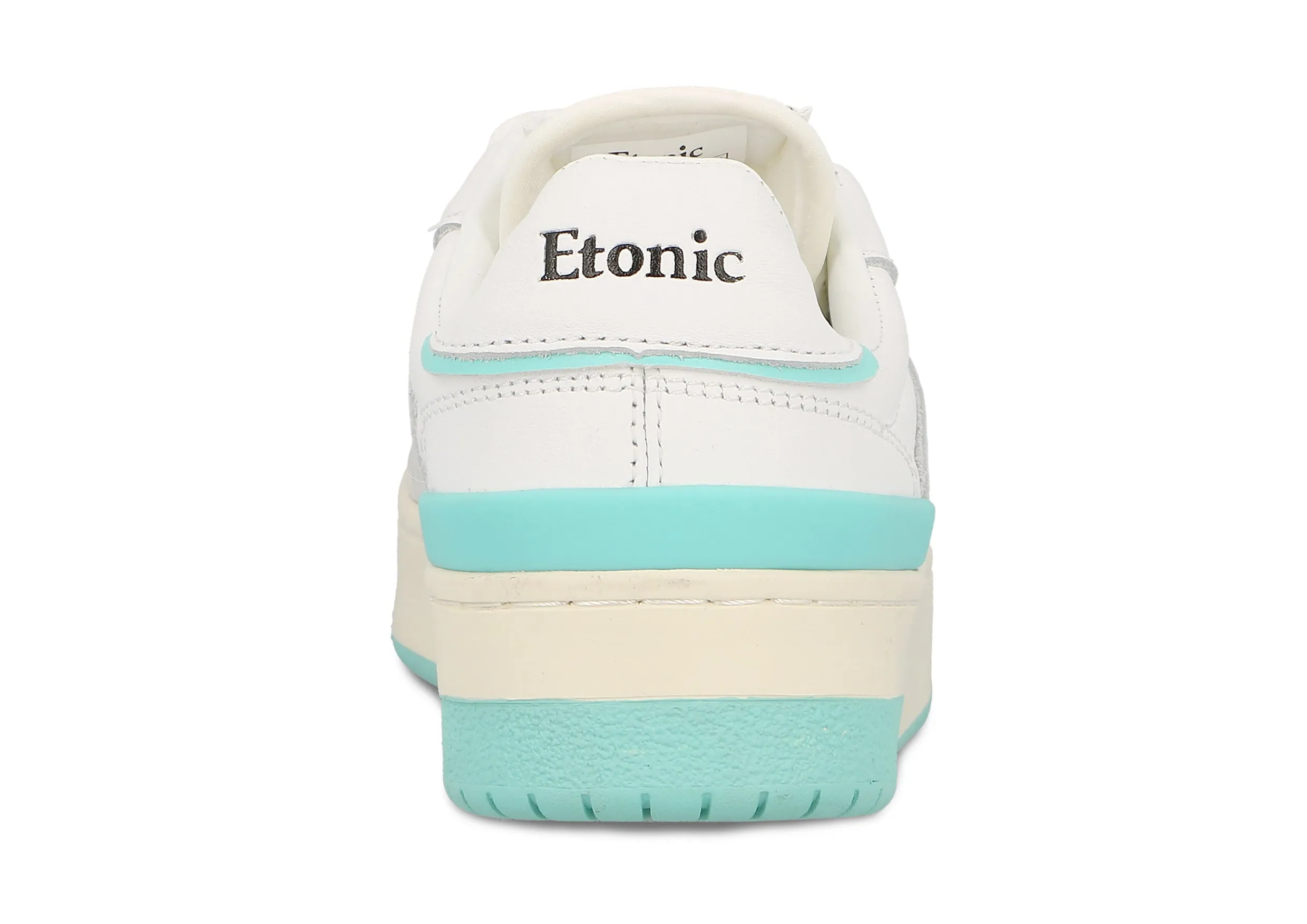 Etonic B481 sneakers in white leather and light grey suede with turquoise blue inserts and details.