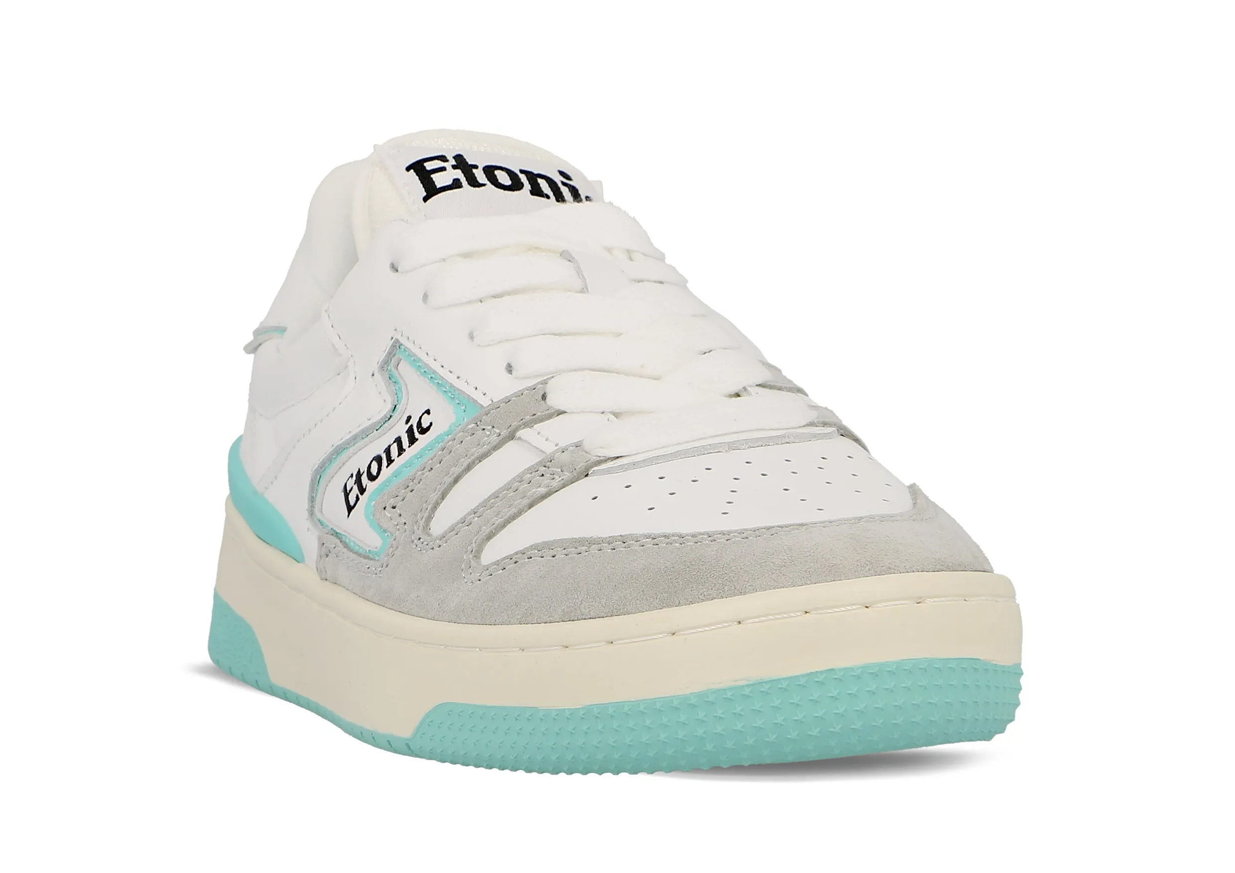 Etonic B481 sneakers in white leather and light grey suede with turquoise blue inserts and details.