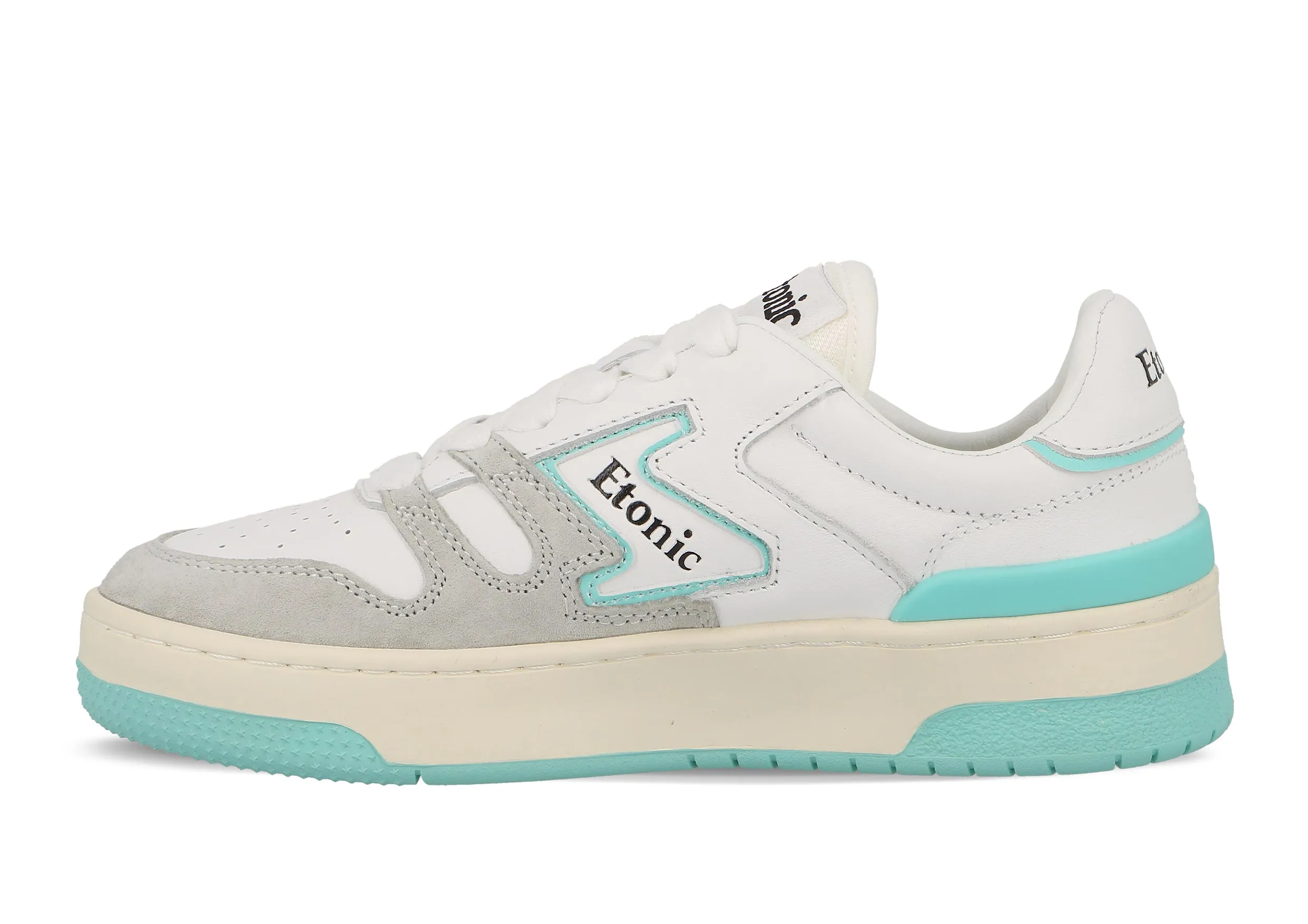 Etonic B481 sneakers in white leather and light grey suede with turquoise blue inserts and details.