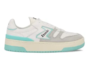 Etonic B481 sneakers in white leather and light grey suede with turquoise blue inserts and details.