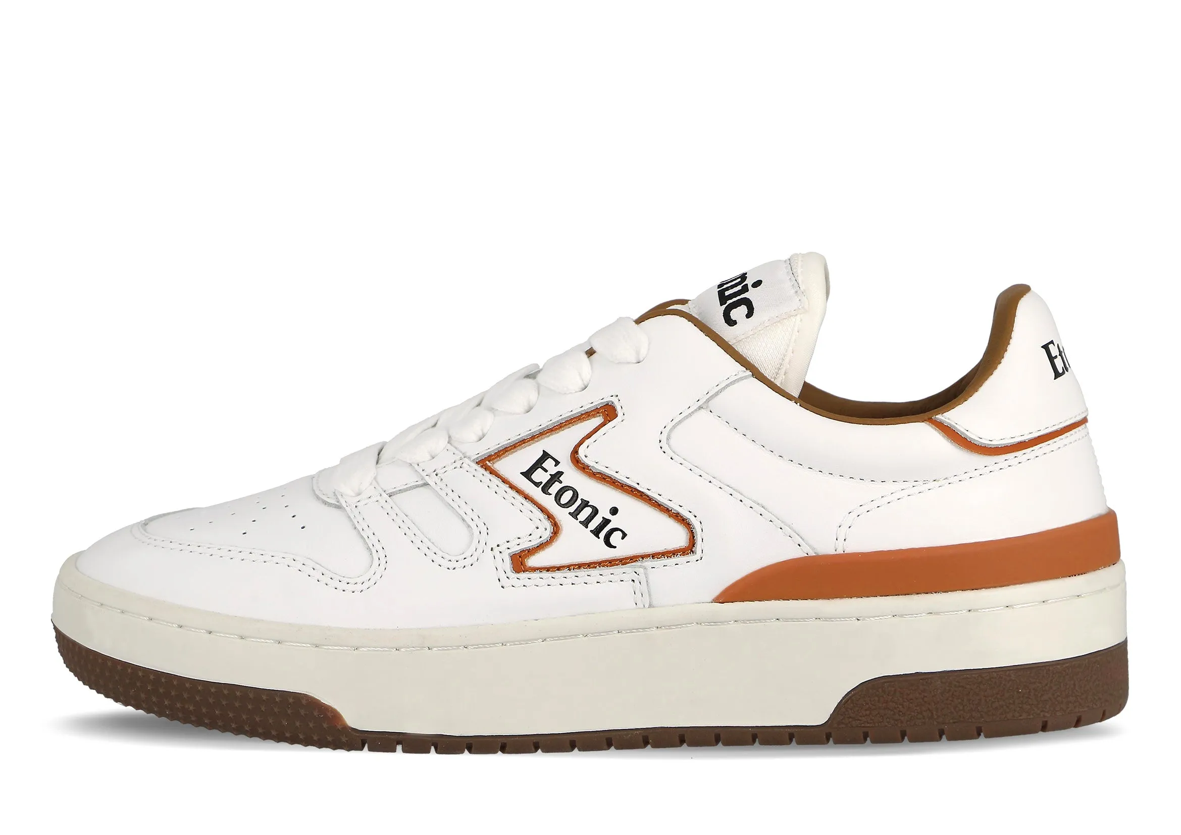 Etonic B481 sneakers in white leather with dark orange inserts and hazel brown details