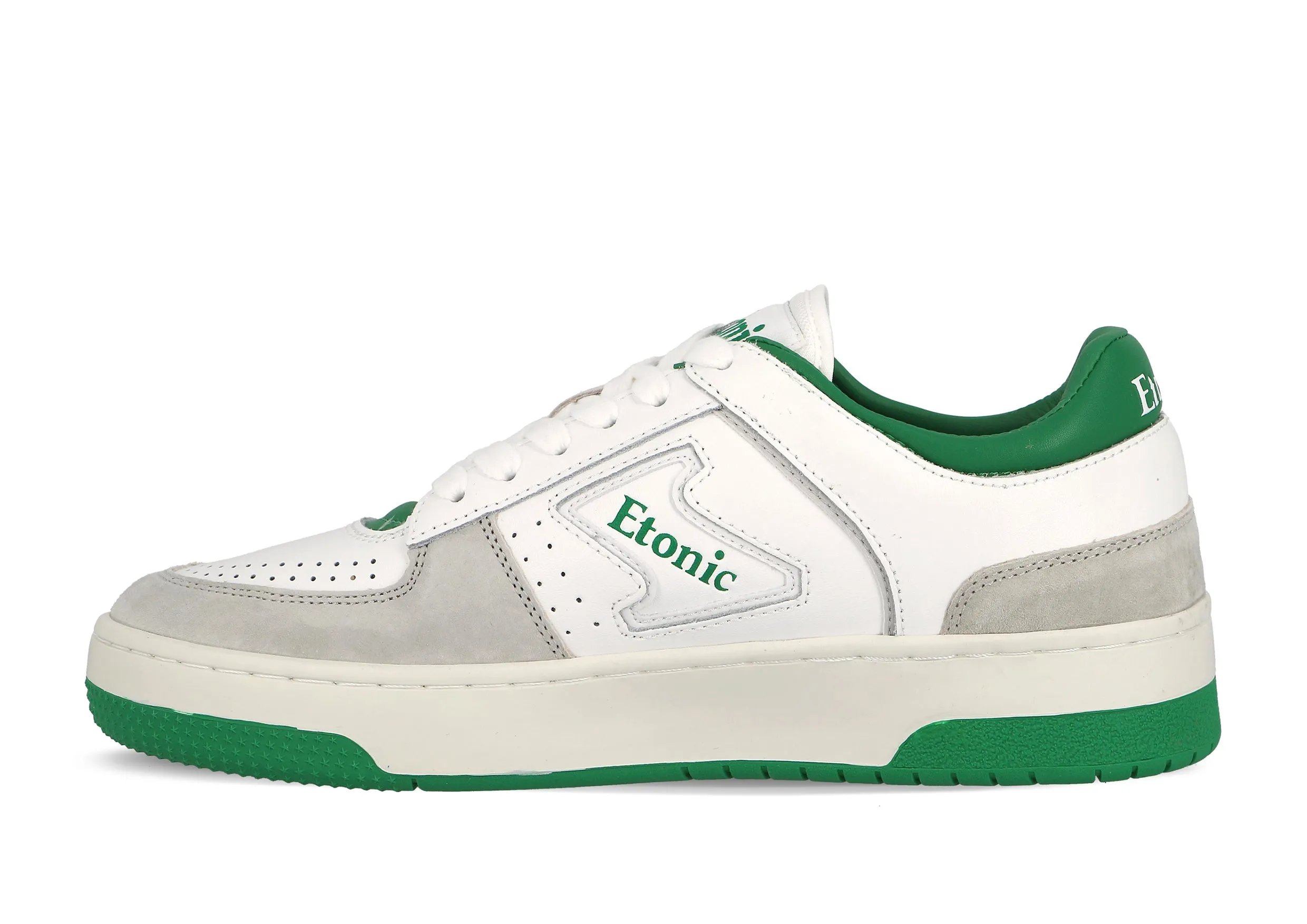 Etonic B509 sneakers in white leather, light grey suede, greene details and off white outsole.