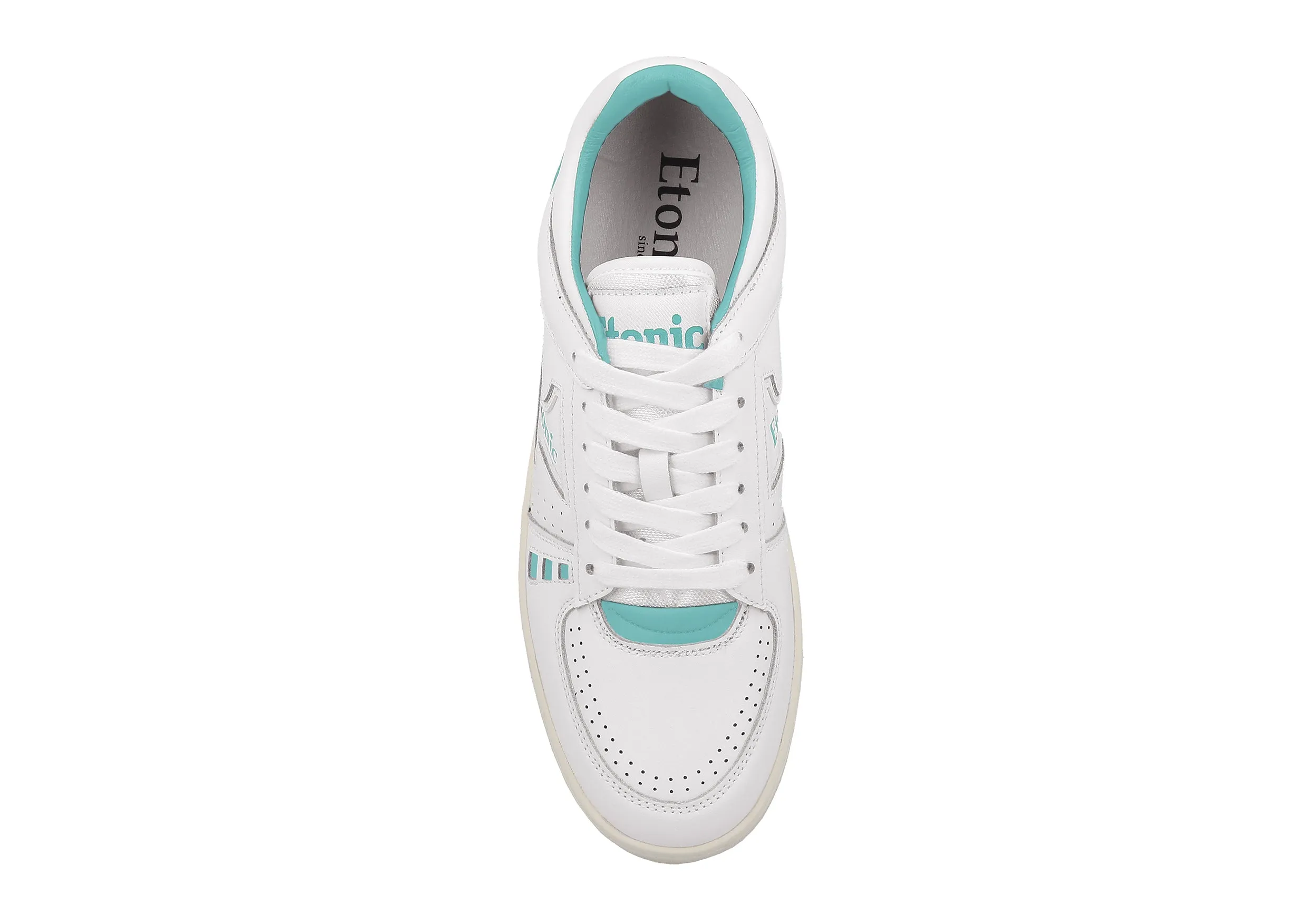 Etonic B509 sneakers in white leather with turquoise details and inserts.