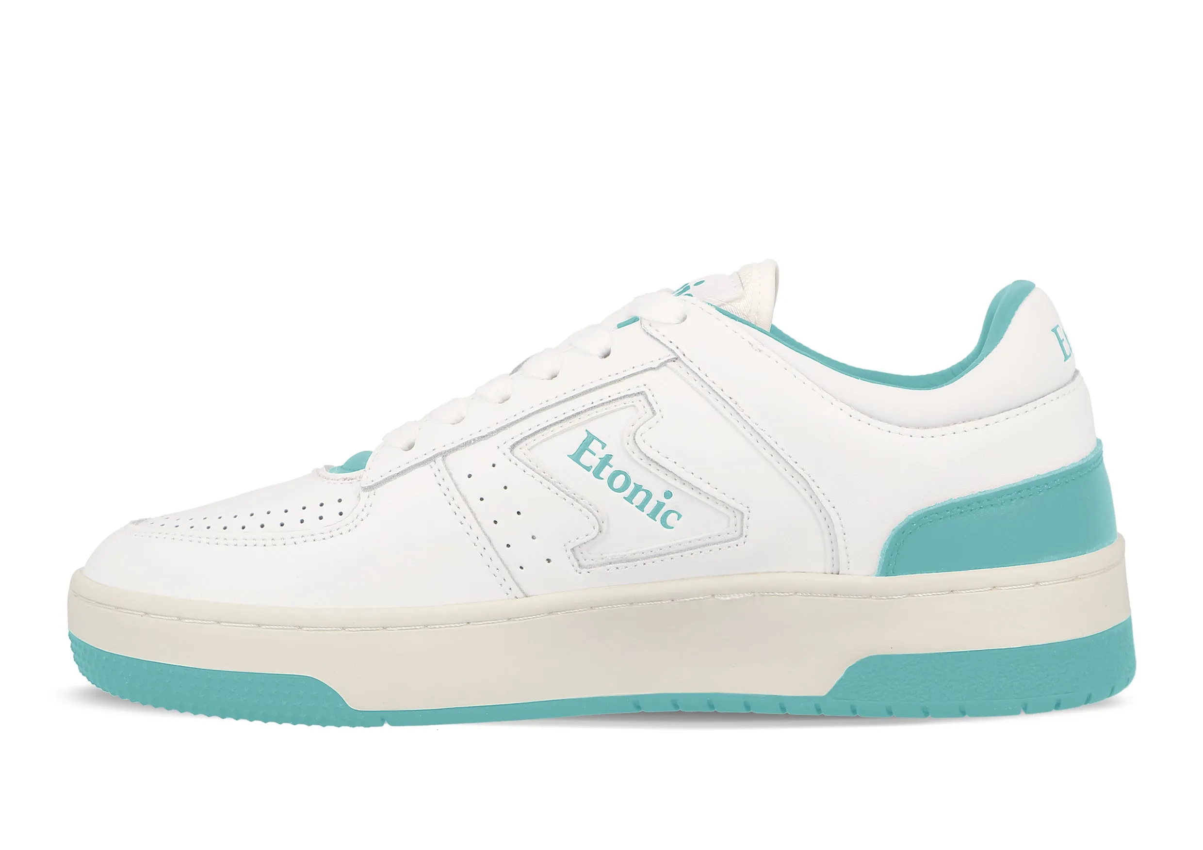 Etonic B509 sneakers in white leather with turquoise details and inserts.