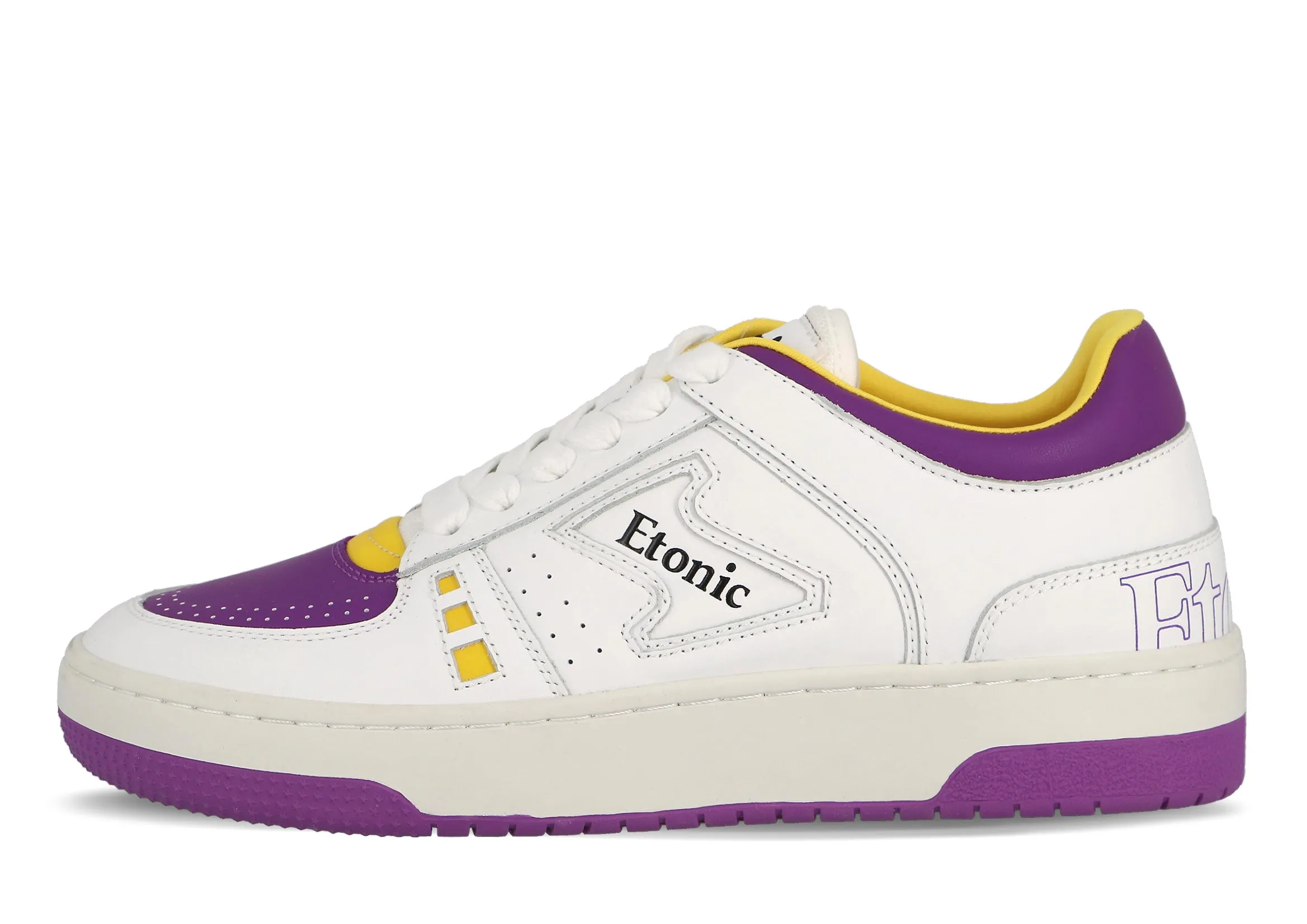 Etonic B509 sneakers inspired by the Los Angeles Lakers basketaball team in white leather with purple and yellow inserts and details