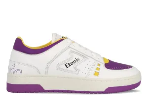 Etonic B509 sneakers inspired by the Los Angeles Lakers basketaball team in white leather with purple and yellow inserts and details