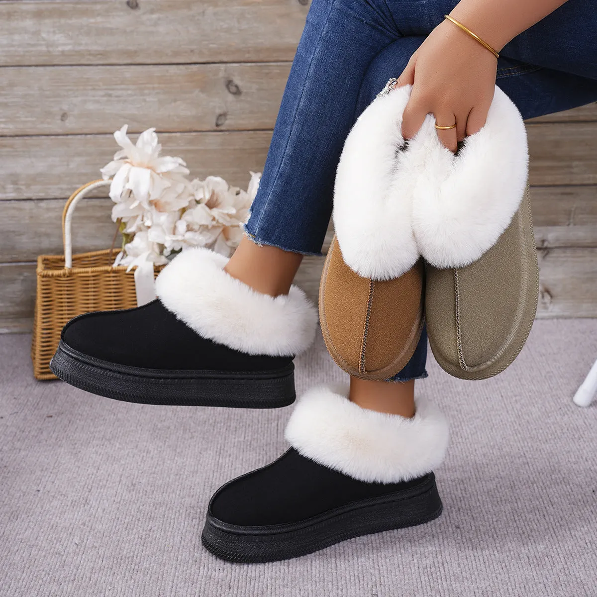 Fashionable Thick Sole Fleece Lined Round Toe Winter 2024 Shoes