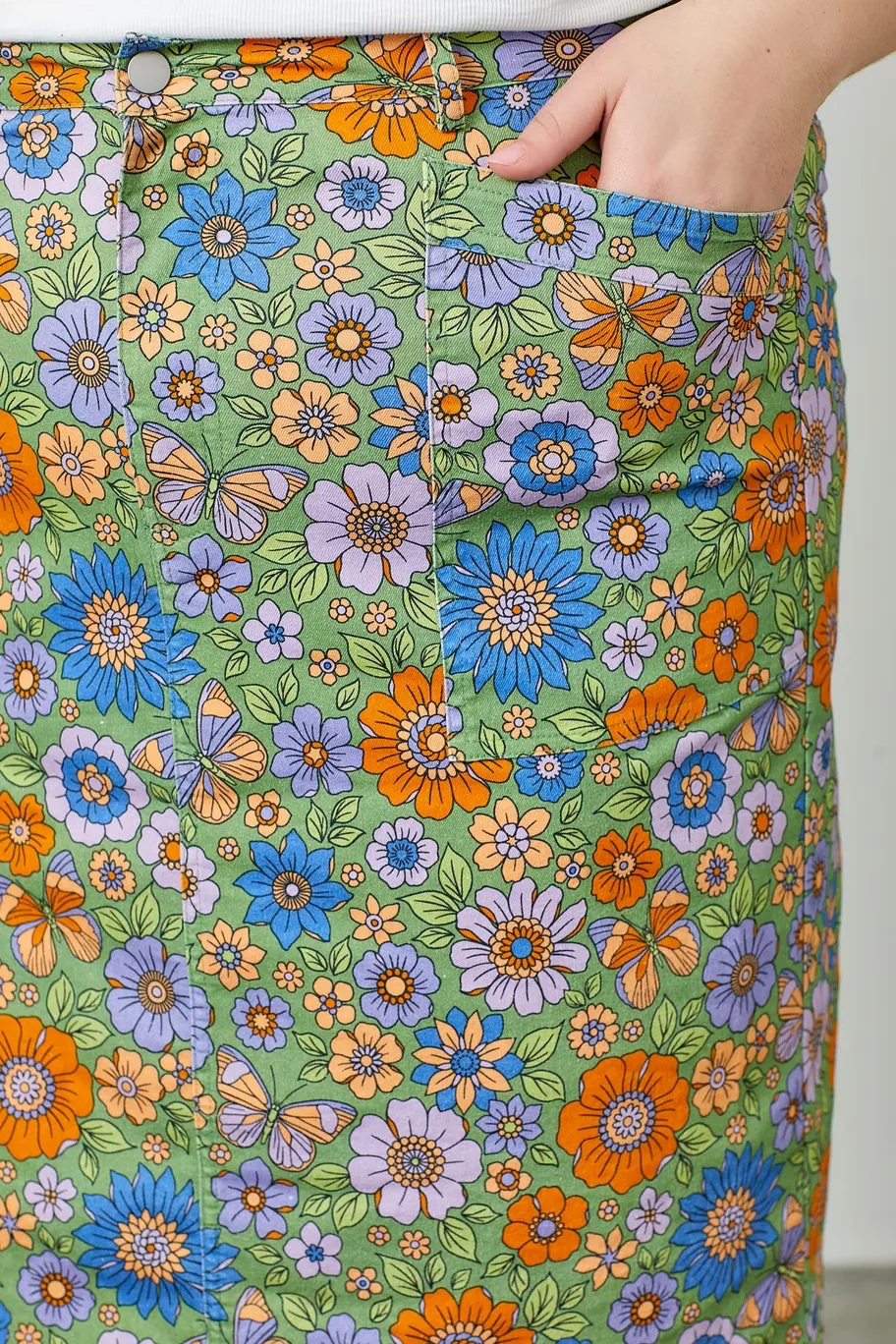 Flower & Butterfly Print Twill Skirt