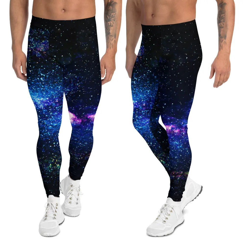 Galaxy Outer Space Men's Leggings, Blue Dark Purple Cosmos Print Meggings-Made in USA/EU