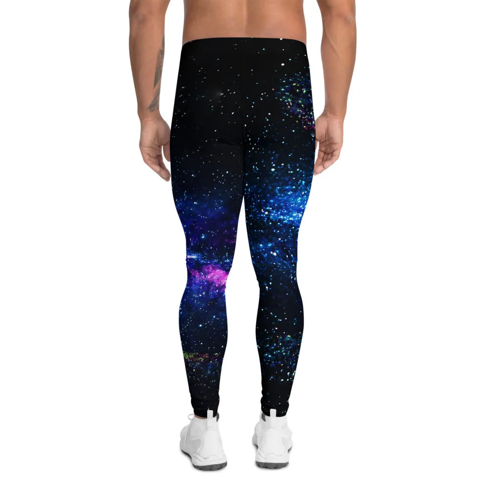 Galaxy Outer Space Men's Leggings, Blue Dark Purple Cosmos Print Meggings-Made in USA/EU