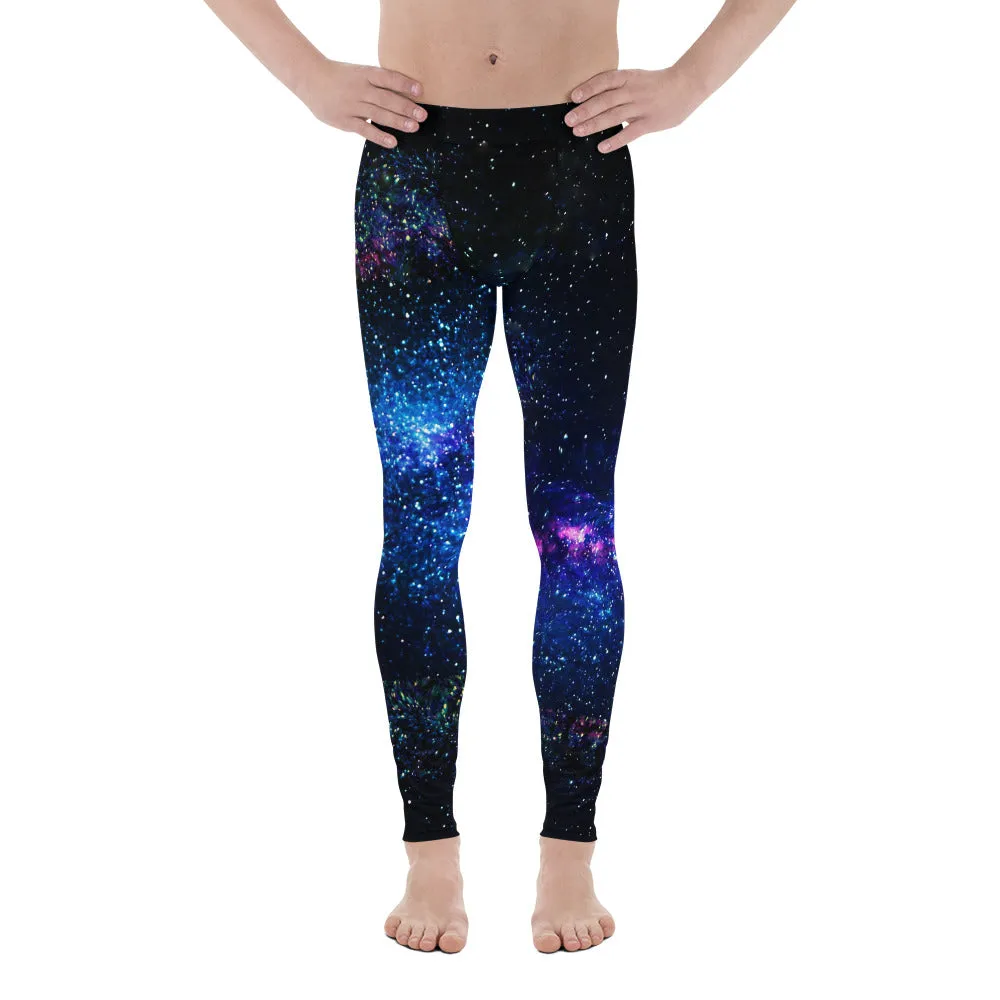 Galaxy Outer Space Men's Leggings, Blue Dark Purple Cosmos Print Meggings-Made in USA/EU