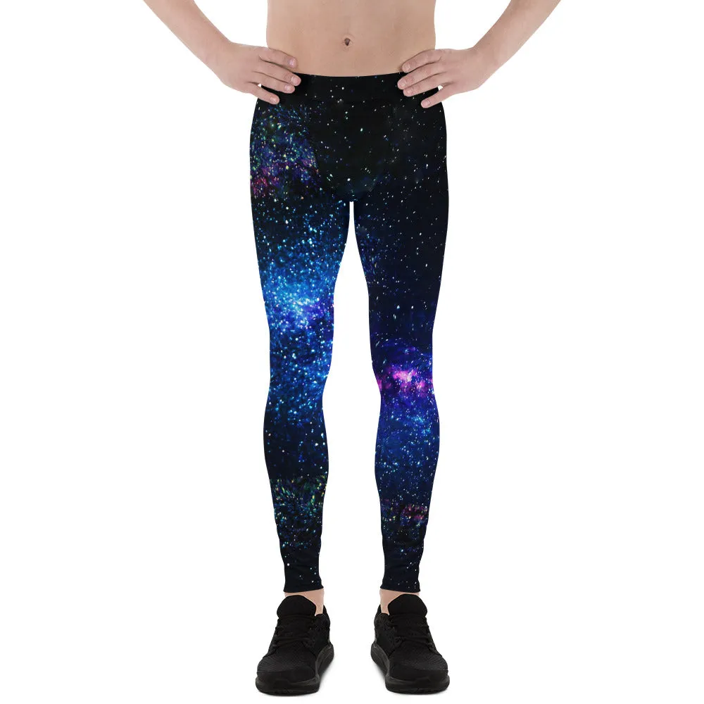 Galaxy Outer Space Men's Leggings, Blue Dark Purple Cosmos Print Meggings-Made in USA/EU