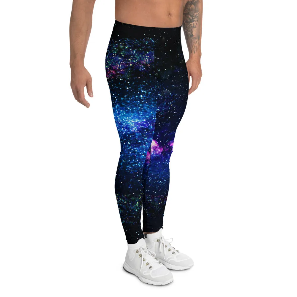 Galaxy Outer Space Men's Leggings, Blue Dark Purple Cosmos Print Meggings-Made in USA/EU