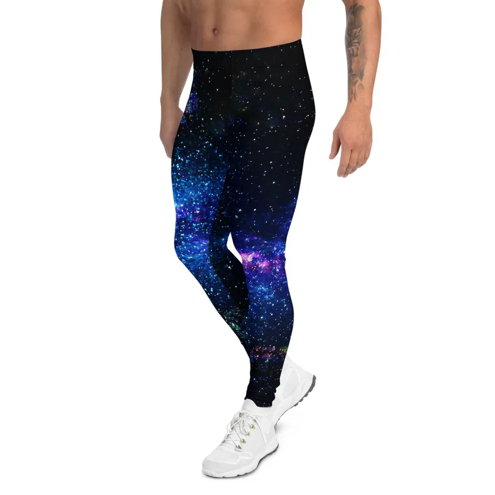 Galaxy Outer Space Men's Leggings, Blue Dark Purple Cosmos Print Meggings-Made in USA/EU