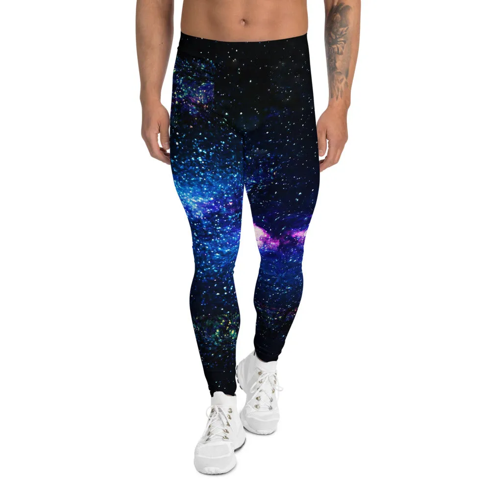 Galaxy Outer Space Men's Leggings, Blue Dark Purple Cosmos Print Meggings-Made in USA/EU