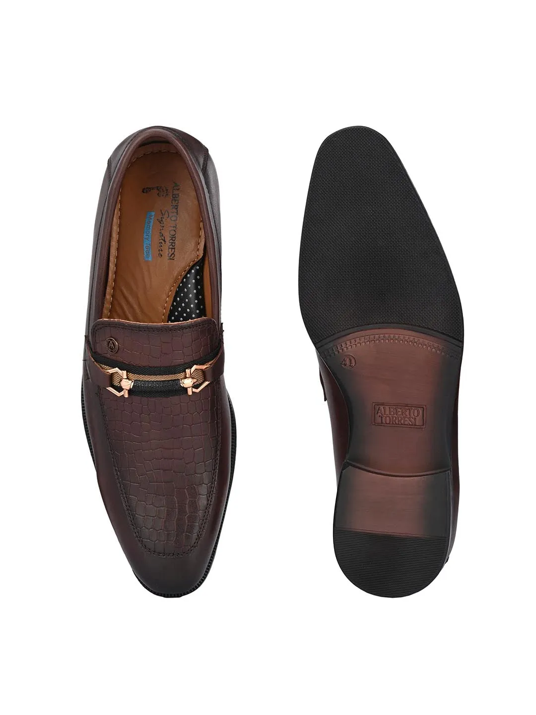 GENUINE LEATHER MEN'S CALABRIA BROWN BUCKLE SLIP-ON SHOE FOR MEN