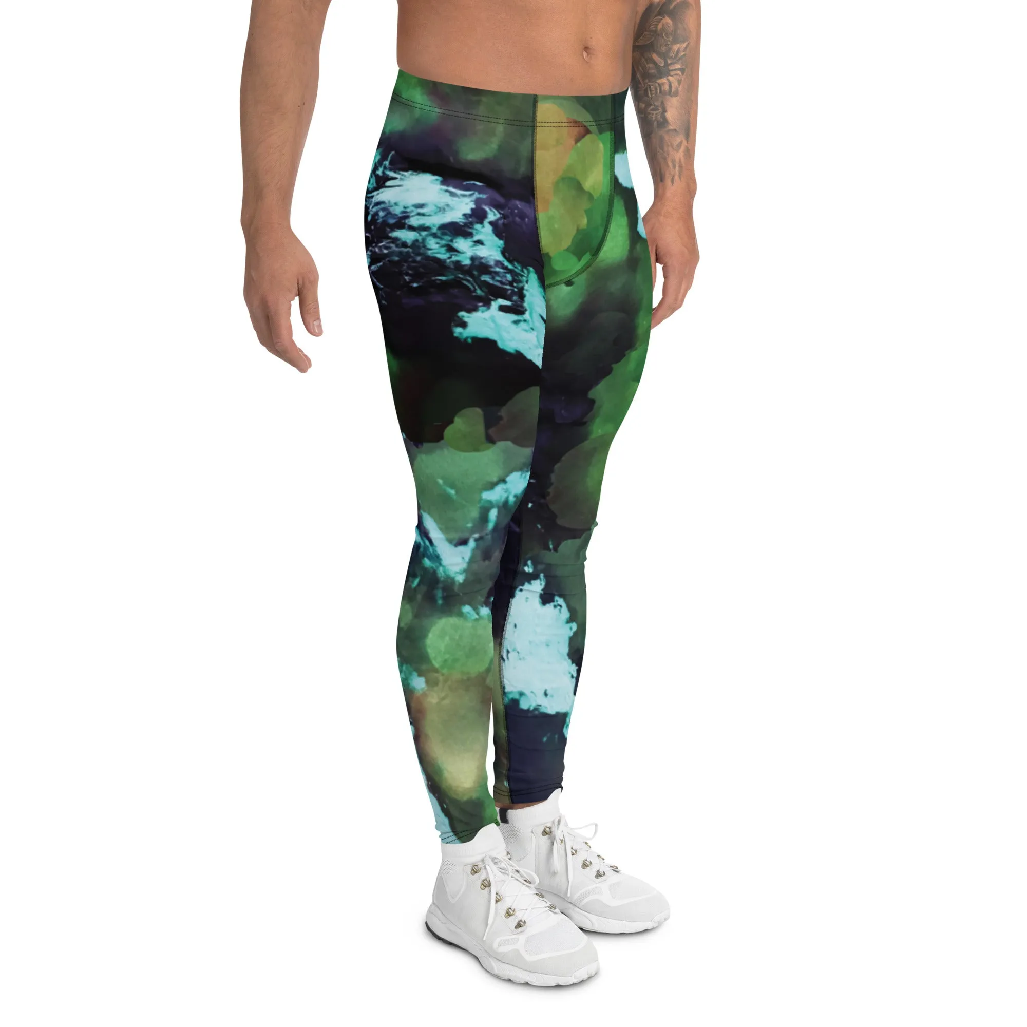 Green Abstract Print Men's Leggings, Green Abstract Printed Sexy Meggings - Made in USA/EU/MX