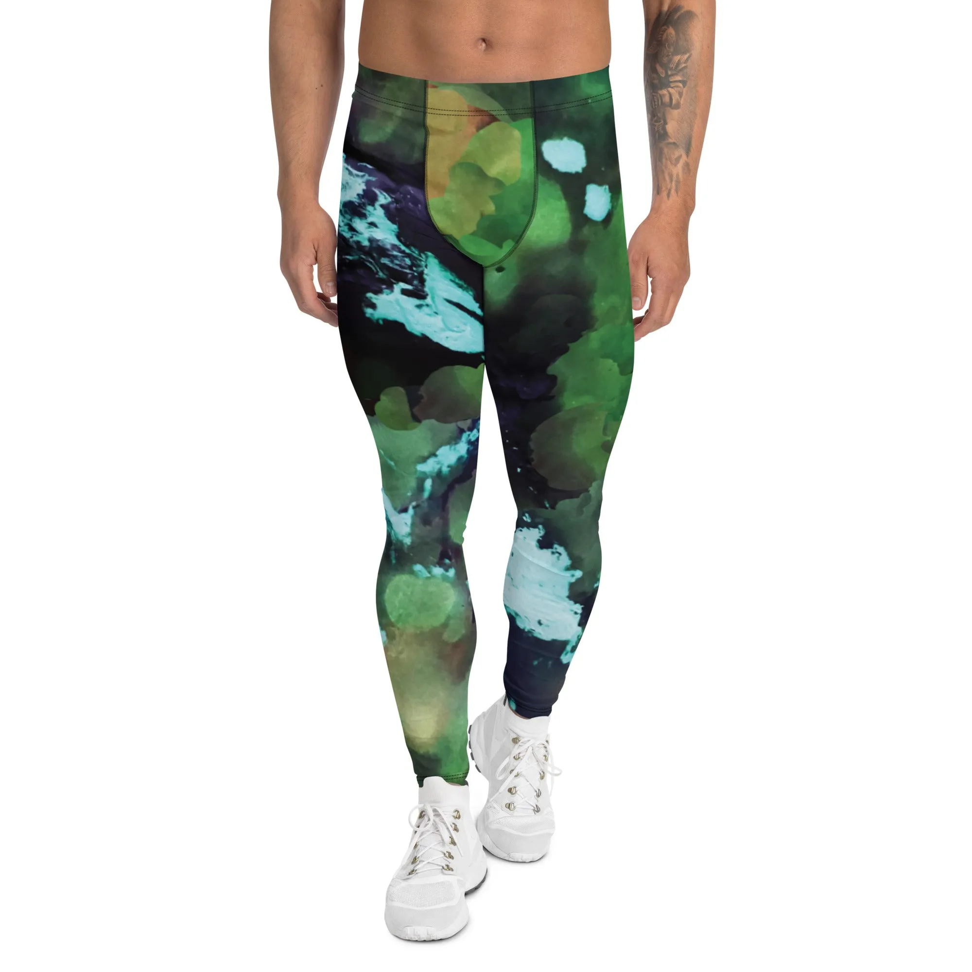 Green Abstract Print Men's Leggings, Green Abstract Printed Sexy Meggings - Made in USA/EU/MX